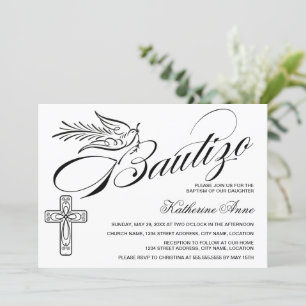 Invitación Elegante Bautizo Vintage Script Cross and Dove