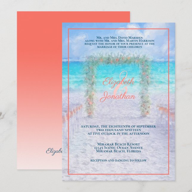 Invitación Elegante Beach Arbor Blue Coral Ombre Boda (Anverso / Reverso)