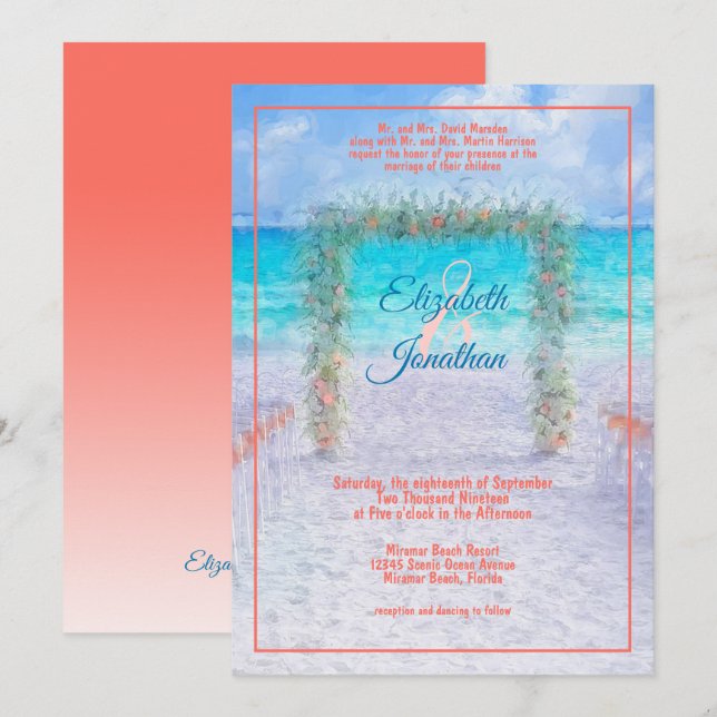 Invitación Elegante Beach Arbor Blue Coral Ombre Boda (Anverso / Reverso)