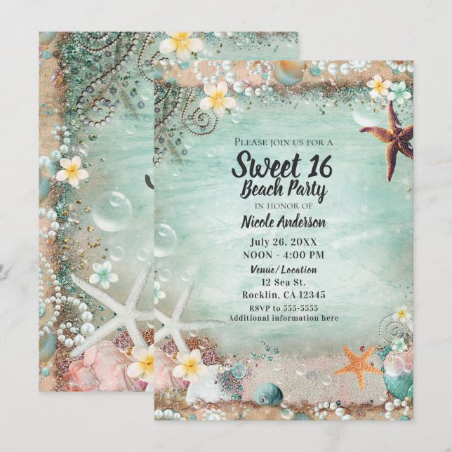 Invitación Elegante Beach Sea Starfish & Pearls Sweet 16 Fies (Anverso / Reverso)