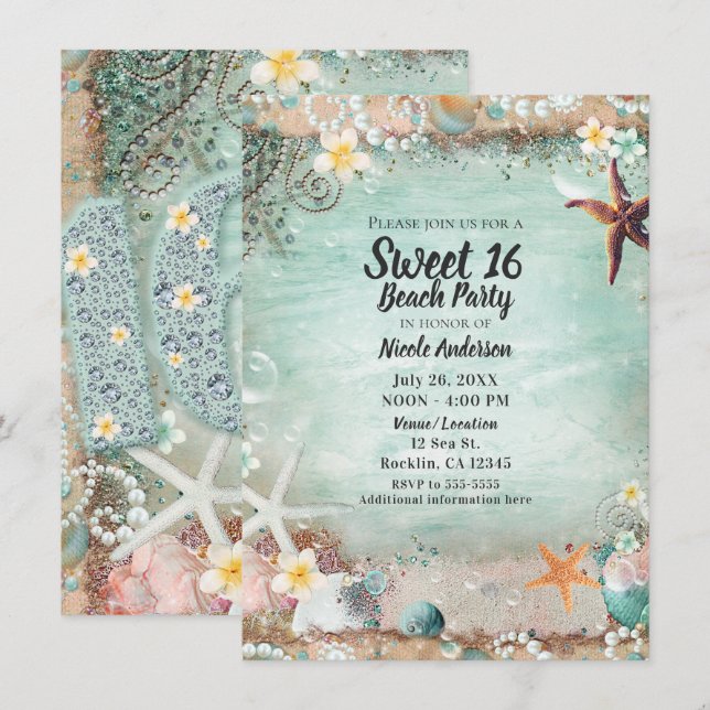 Invitación Elegante Beach Sea Starfish & Pearls Sweet 16 Foto (Anverso / Reverso)