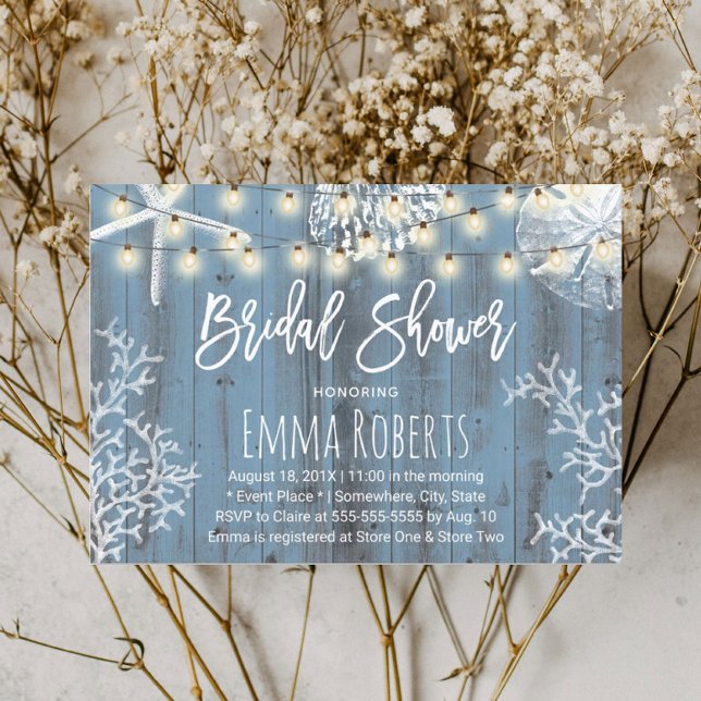 Invitación Elegante Beach Seasheles Dusty Blue Bridal Shower (Subido por el creador)
