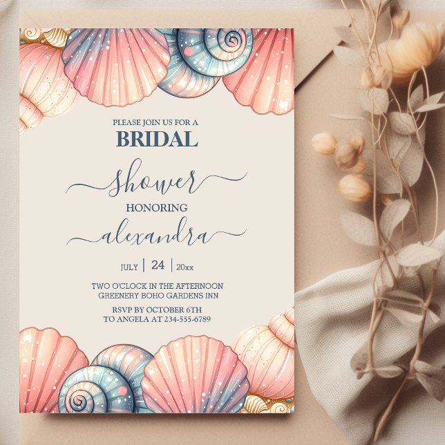 Invitación Elegante Beach Seashell Moderno Script Bridal Show (Subido por el creador)