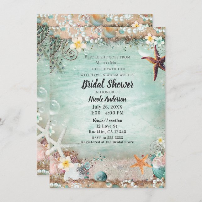 Invitación Elegante Beach Starfish Pearls Bridal Shower (Anverso / Reverso)