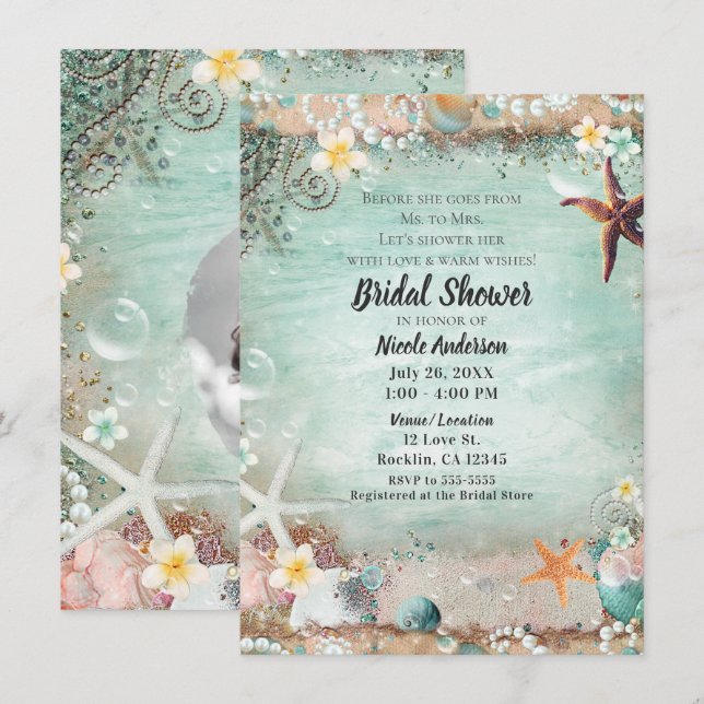 Invitación Elegante Beach Starfish Pearls Bridal Shower (Anverso / Reverso)