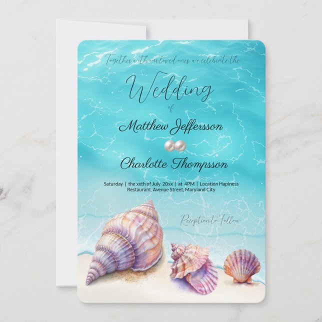 Invitación Elegante Beach Wedding Seashells Perlas Náuticas (Anverso)