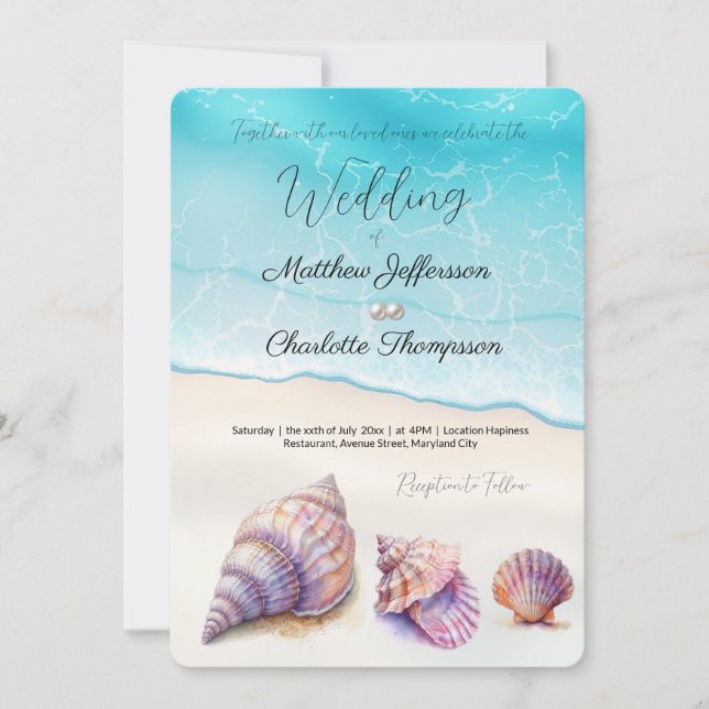 Invitación Elegante Beach Wedding Seashells Perlas Náuticas (Anverso)