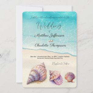 Invitación Elegante Beach Wedding Seashells Perlas Náuticas
