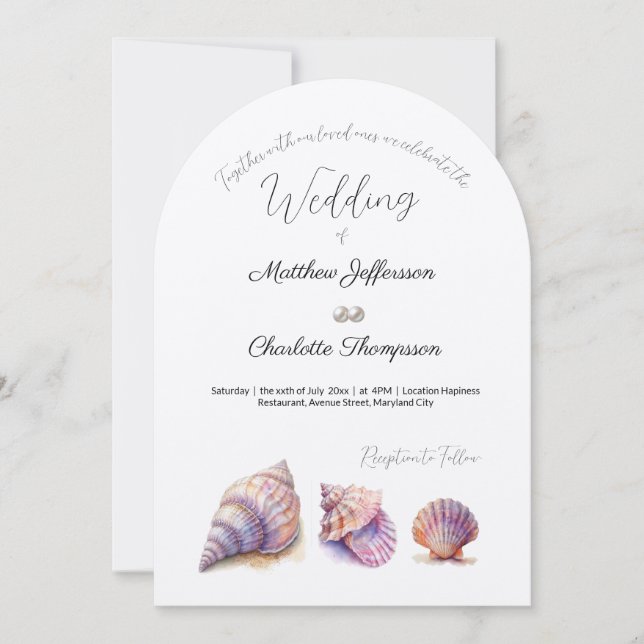 Invitación Elegante Beach Wedding Seashells Perlas Náuticas (Anverso)