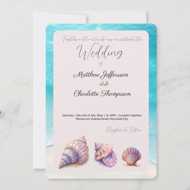 Invitación Elegante Beach Wedding Seashells Perlas Náuticas (Anverso)
