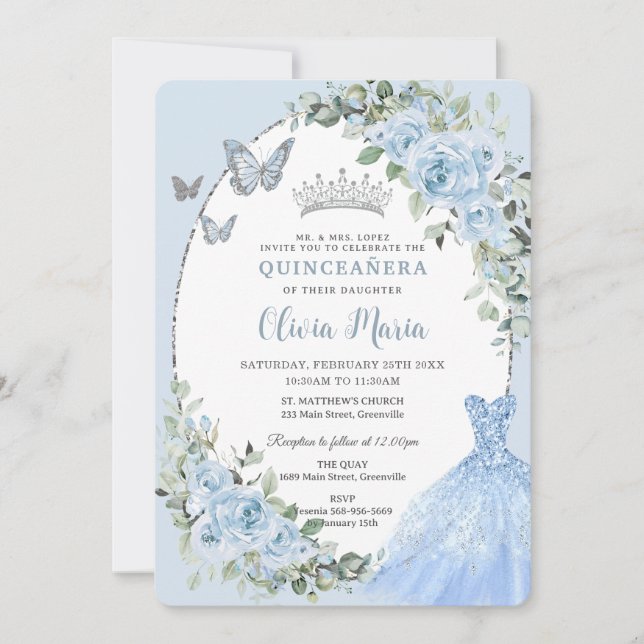 Invitación Elegante Bebé Azul Floral Vestido Plata Quinceañer (Anverso)