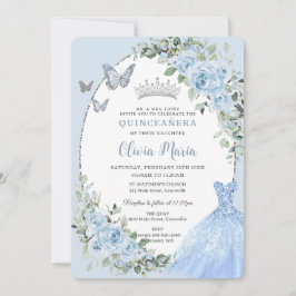 Invitación Elegante Bebé Azul Floral Vestido Plata Quinceañer