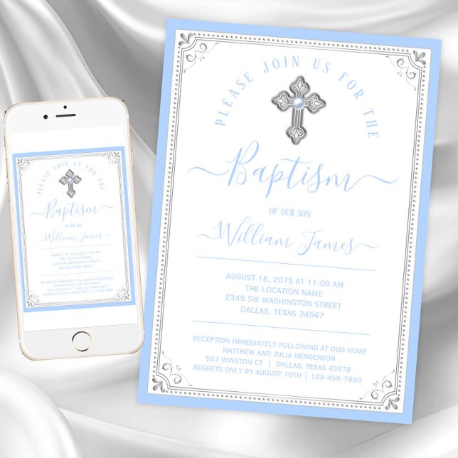 Invitación Elegante bebé azul plata niño bautizo (Baby blue silver cross baptism invitation. Instant download and printed invitations available.)