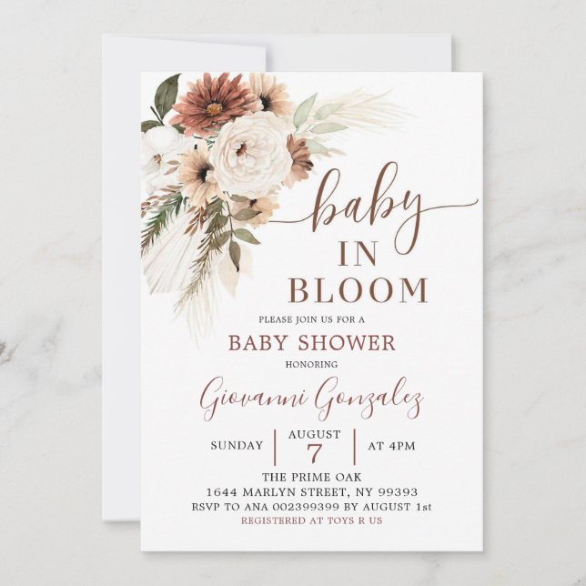 Invitación Elegante bebe beige boho en el Baby Shower en flor (Anverso)