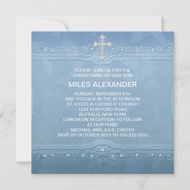 Invitación Elegante bebé blanco azul Christening (Anverso)