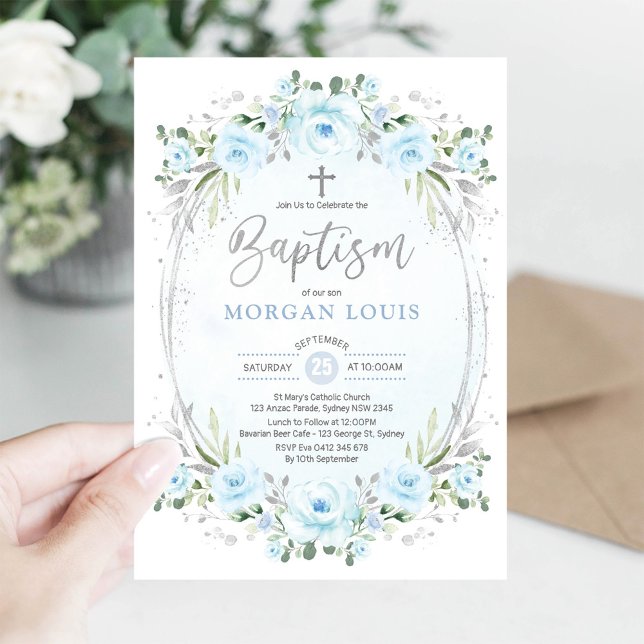 Invitación Elegante Bebé Blue Silver Flor Bautismo (Subido por el creador)