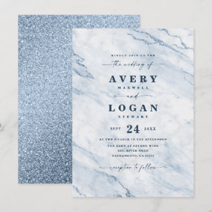 Invitación Elegante bebé cielo azul mármol y Boda Purpurina