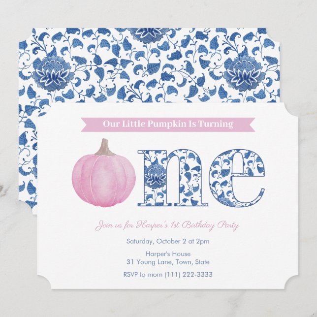 Invitación Elegante bebé de calabaza rosa niña Fiesta de prim (Anverso / Reverso)