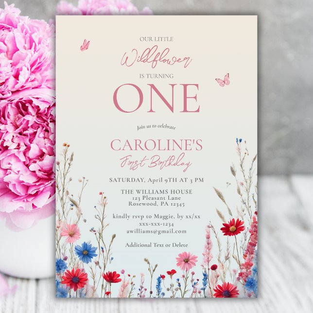 Invitación Elegante bebé de flores silvestres Primer cumpleañ (Subido por el creador)