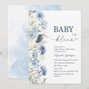 Invitación Elegante bebé en acuarela en flor azul B