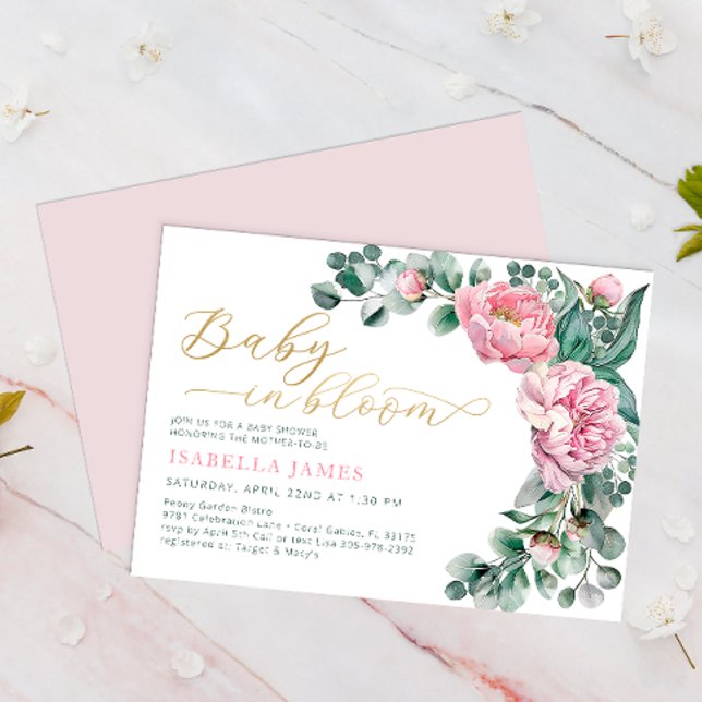 Invitación Elegante Bebé En Bloom Chica De Oro Rosa Baby Show (Baby In Bloom - Invite)