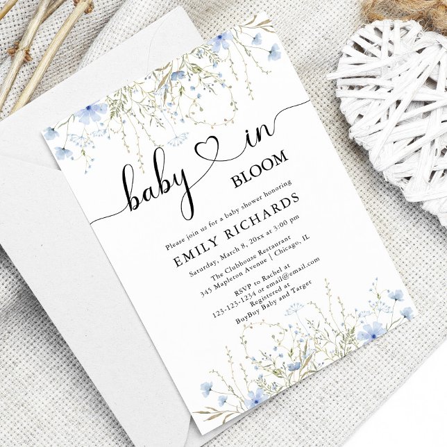 Invitación Elegante bebé floral azul en ducha de bebé en Bloo (Subido por el creador)