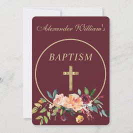 Invitación Elegante Bebé Floral de Oro Borgoña Christening