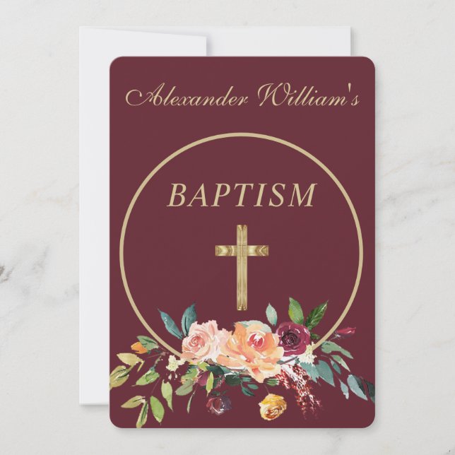 Invitación Elegante Bebé Floral de Oro Borgoña Christening (Anverso)