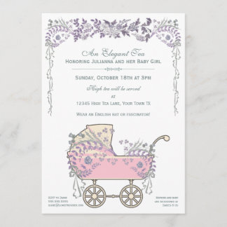 Invitación Elegante Bebé Floral Romántica Chica Buggy Ducha