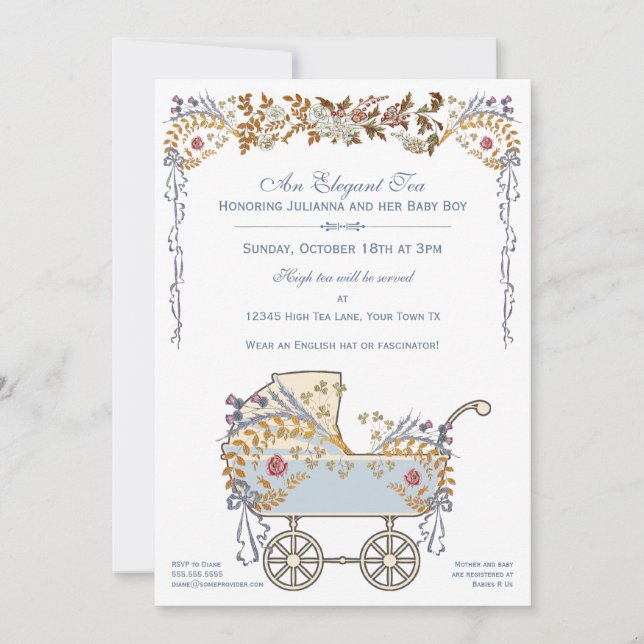 Invitación Elegante Bebé Floral Romántico Ducha Buggy (Anverso)