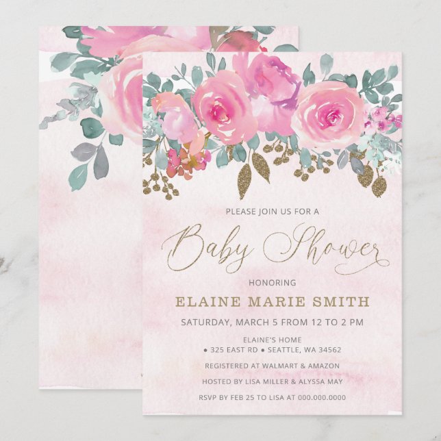 Invitación Elegante bebé floral rosa en el Baby Shower de Blo (Anverso / Reverso)