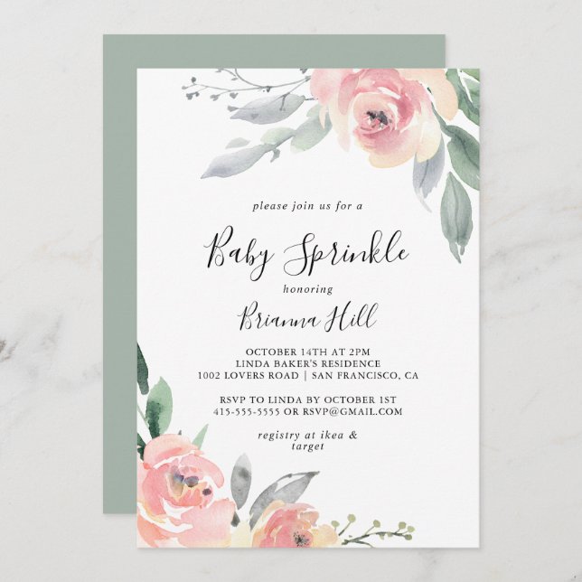 Invitación Elegante Bebé Floral Rosa Rubor Sprinkle (Anverso / Reverso)