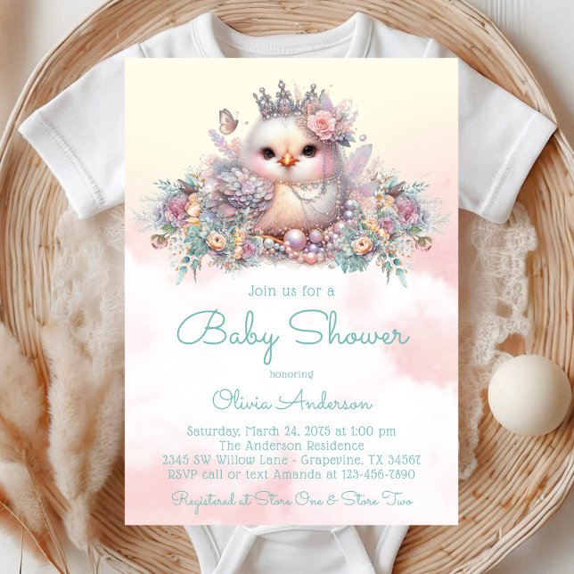 Invitación Elegante bebé niña Chick Baby Shower (Pastel fancy chick with pearls, flowers and butterflies on a pretty pastel background.)