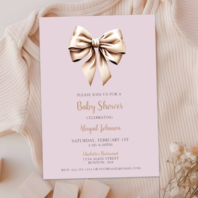 Invitación Elegante beige Coquette Bow Baby Shower (Elegant Beige Coquette Bow Baby Shower Invitation, Baby Girl Shower, Modern Script, Classic Chic)