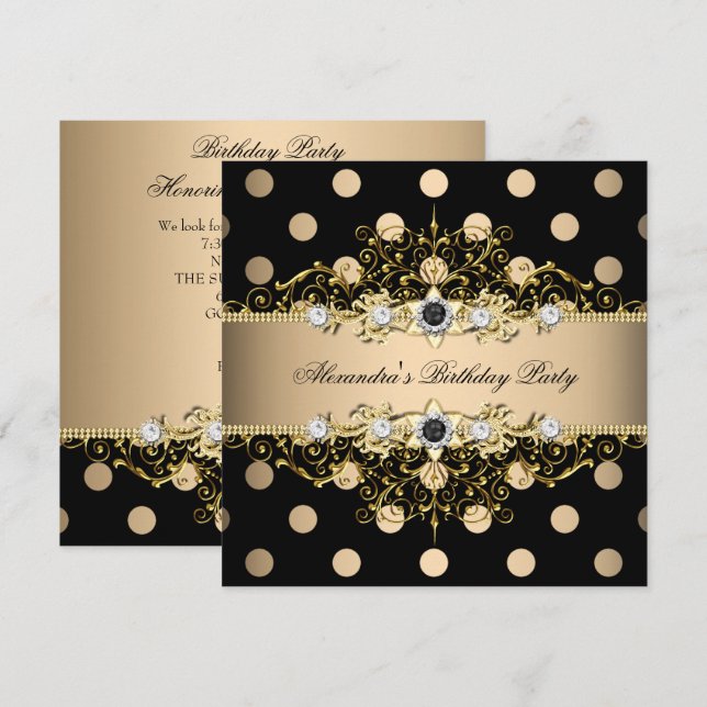 Invitación Elegante beige Cream Gold Black Polka Cumpleaños (Anverso / Reverso)