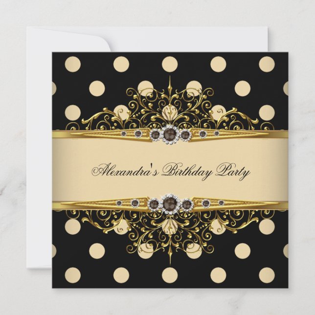 Invitación Elegante beige crema oro negro polka cumpleaños 2 (Anverso)