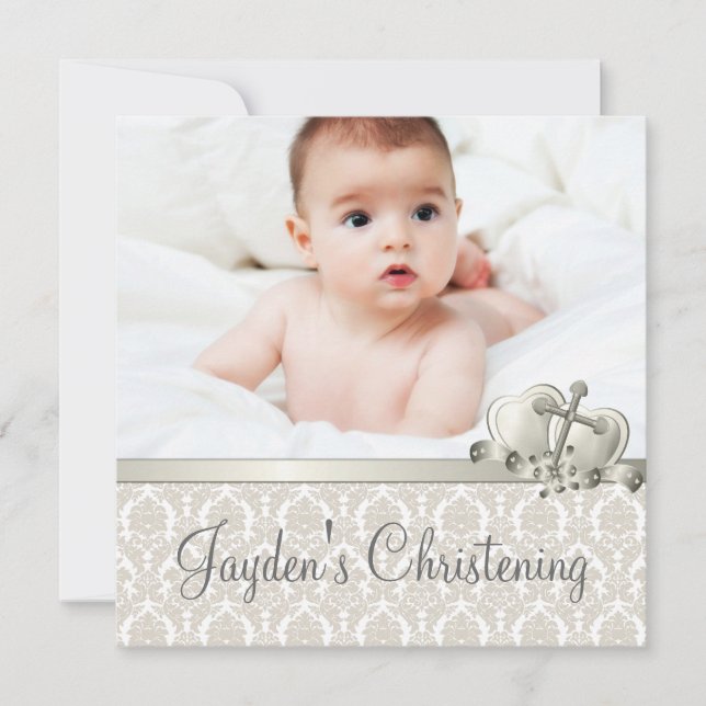 Invitación Elegante Beige Damask Boys Foto Christening (Anverso)