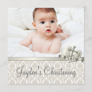 Invitación Elegante Beige Damask Boys Foto Christening