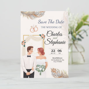 Invitación Elegante Beige Floral Ilustrativa, con pareja