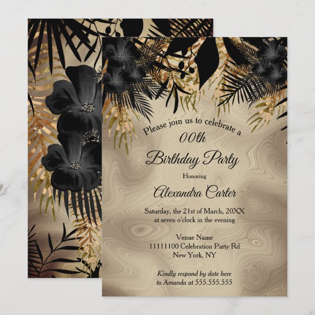 Invitación Elegante Beige Gold Black Floral Birday Party (Anverso / Reverso)