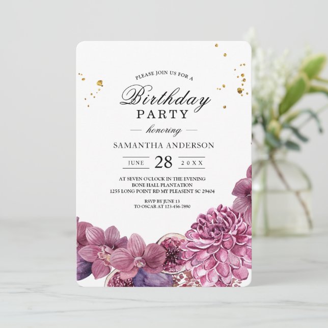 Invitación Elegante Belleza Acuarela Orquídeas Rosa y Púrpura (Anverso de pie)