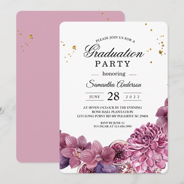Invitación Elegante Belleza Acuarela Orquídeas Rosa y Púrpura (Anverso / Reverso)