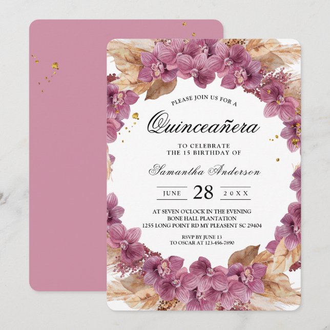 Invitación Elegante Belleza Orquídea Acuarela Rosa y Pampas (Anverso / Reverso)