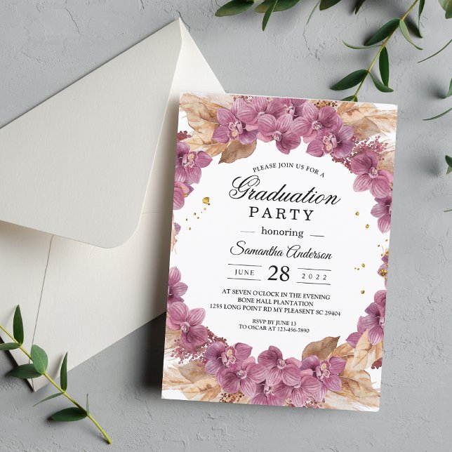 Invitación Elegante Belleza Orquídea Acuarela Rosa y Pampas (Subido por el creador)