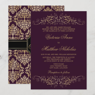 Invitación Elegante berenjena de Damask con flores de oro