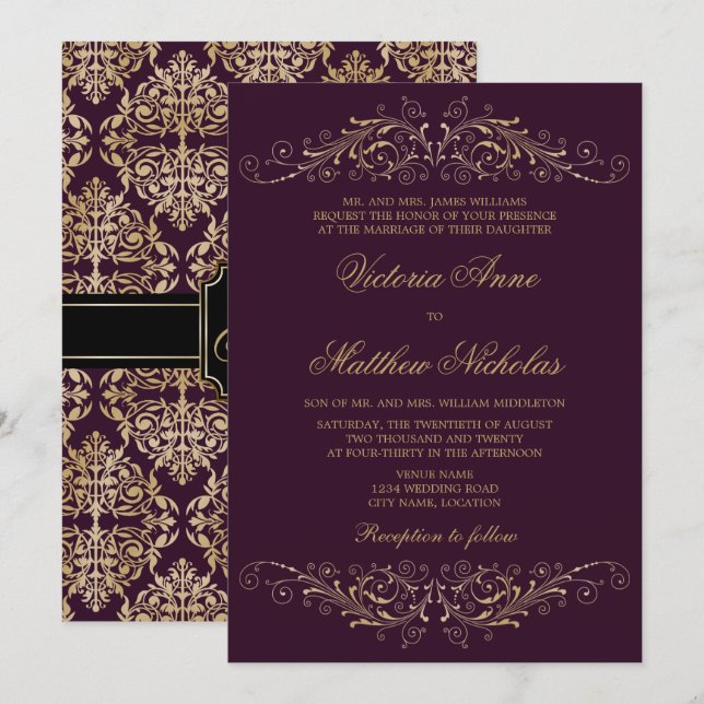 Invitación Elegante berenjena de Damask con flores de oro (Anverso / Reverso)