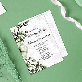 Invitación Elegante Berry Verde Floral Wreath Damask Cumpleañ