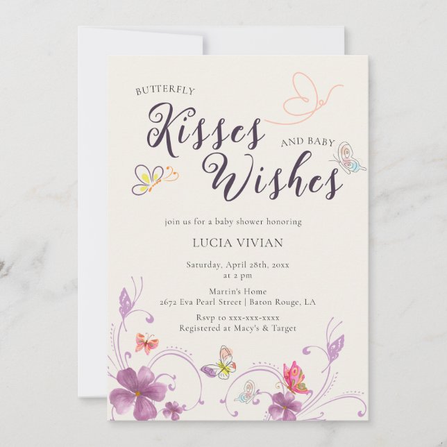 Invitación Elegante Besos y Deseos de Mariposa Baho Baby Show (Anverso)