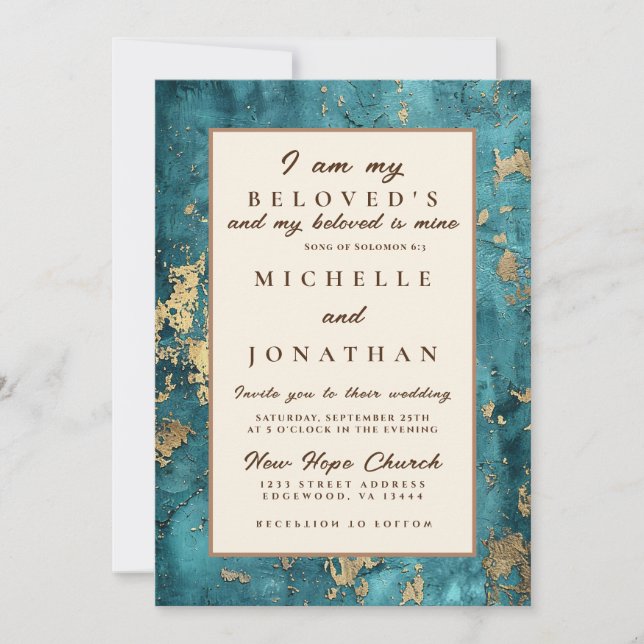 Invitación Elegante Biblia Verde azulada de Oro contra Boda c (Anverso)