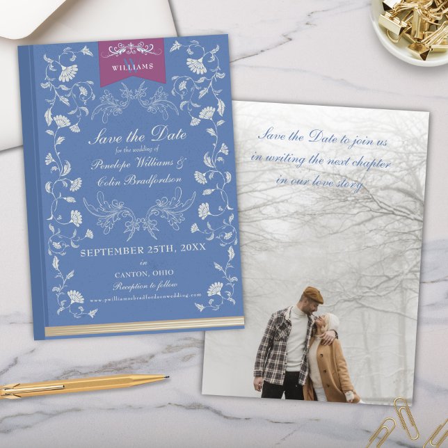 Invitación Elegante biblioteca azul claro Boda salva la fecha (Elegant Periwinkle Light Blue Vintage Library Book Cover Theme Wedding Save the Date Invitation)